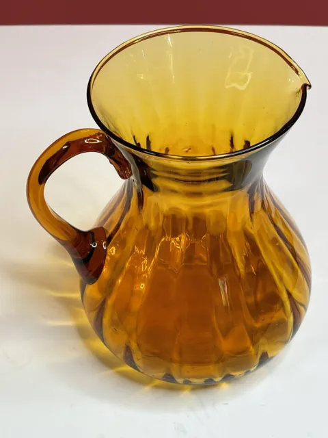 Vintage Blown Glass Pitcher Urn Optic Gold Amber Applied Handle 7.5”