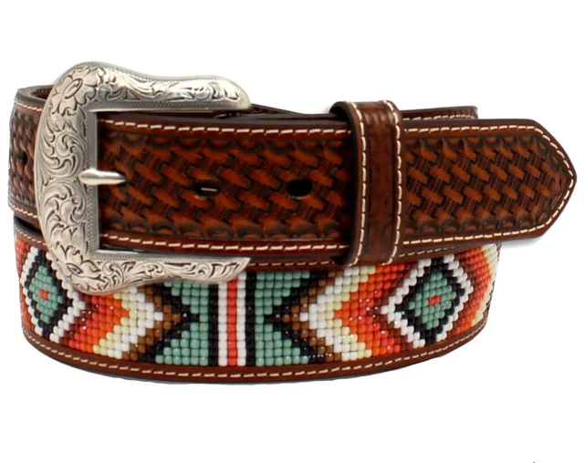 Nocona Western Mens Belt Leather Diamond Beaded Inlay Weave Tan N210004408