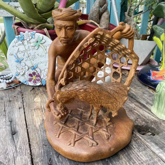Vtg Bali Hard Wood Carved Man Chicken Cage Farmer Indonesian Art Statue 10" Lg