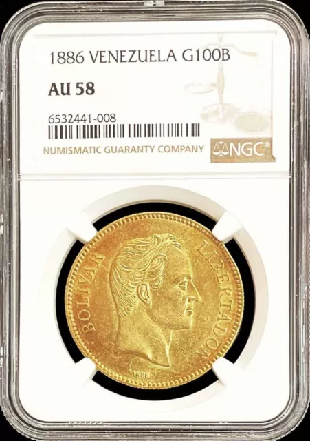 1886 Gold Venezuela 100 Bolivares Simon Bolivar Coin Key Date Ngc About Unc 58