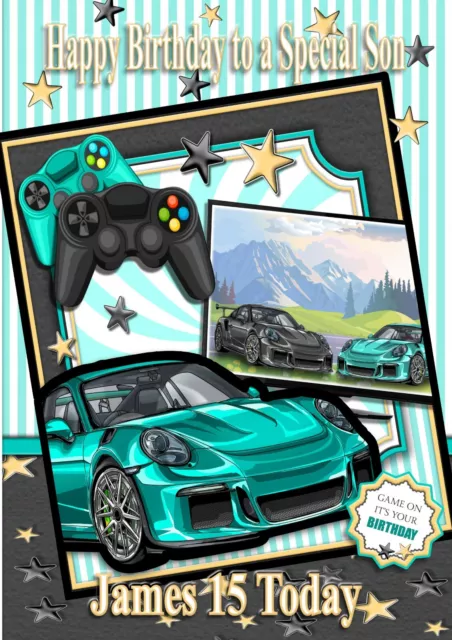 Personalised birthday card Gamer Green Sports car son grandson nephew brother