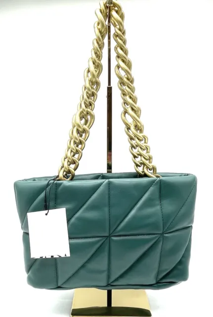 NWT ZARA SHOULDER Bag Handbag Quilted Emerald Green Chunky Golden