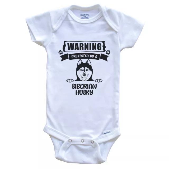 Warning Protected By A Siberian Husky Funny Cute Dog Breed Baby Bodysuit
