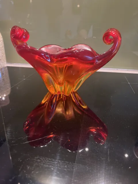 Stunning Murano Art Glass Bowl - Blood Orange With Uranium Base 1930s Vintage
