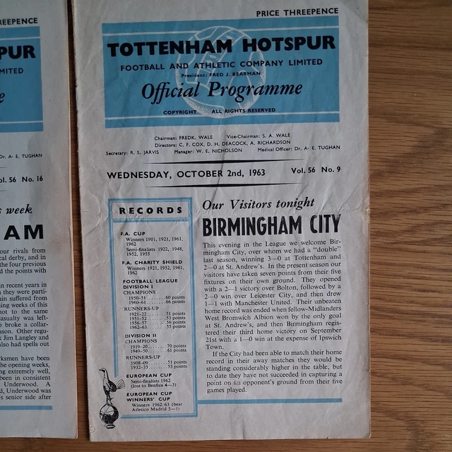 2 X TOTTENHAM Hotspur Home Programmes From 1962/1963 Season £2.23 ...