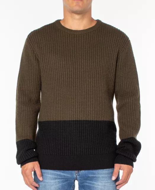 Sanctuary Men's Green/Black Colorblocked Waffle-Knit Crewneck Sweater