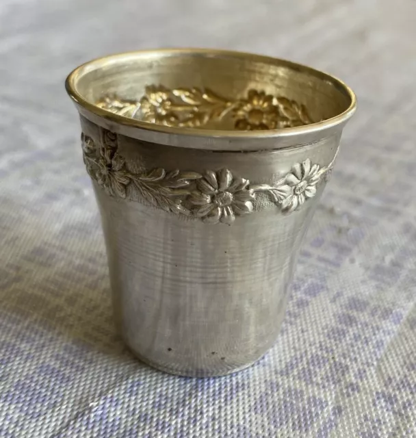 Vintage Sterling Silver Shot Glass Repousse Flowers Gold Vermeil