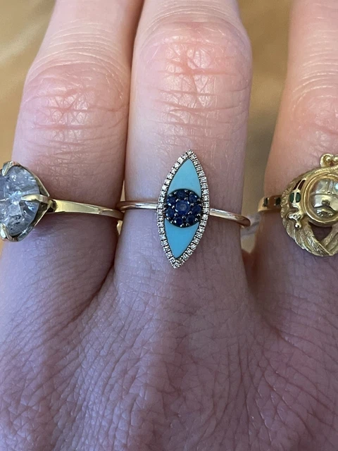 Shy creation evil eye ring 14k yellow Gold sapphire turquoise pave diamond