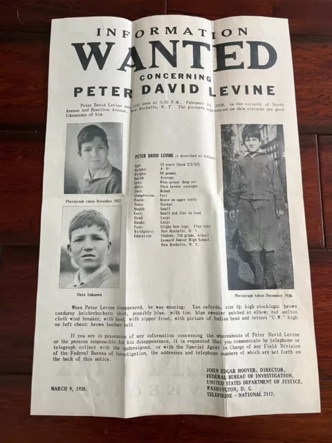 1938 *INFORMATION WANTED* Infamous Peter Levine Kidnap/Murder Fbi ...