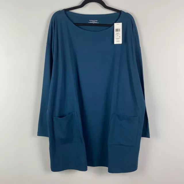 Eileen Fisher Bateau Neck Tunic Top Size 1X Blue Pockets Organic Cotton Stretch