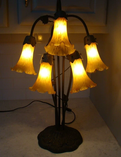 Five Light Trumpet Frosted Shades Lily Pad Dragonfly Tulip Table Lamp