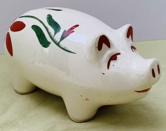 Vintage 1950’s Ceramic Pig Piggy Coin Bank Hand Painted Flower, 6”  Farm Animal