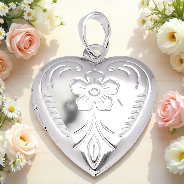 Pendentif Porte-photo Vintage Cœur Fleur Lettre BF – Couleur Argent, Bijou Ancien, Occasion