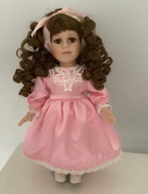 🌸COLLECTORS CHOICE Genuine  Porcelain 12" Doll Pink Dress Curly Brown Hair/Eyes