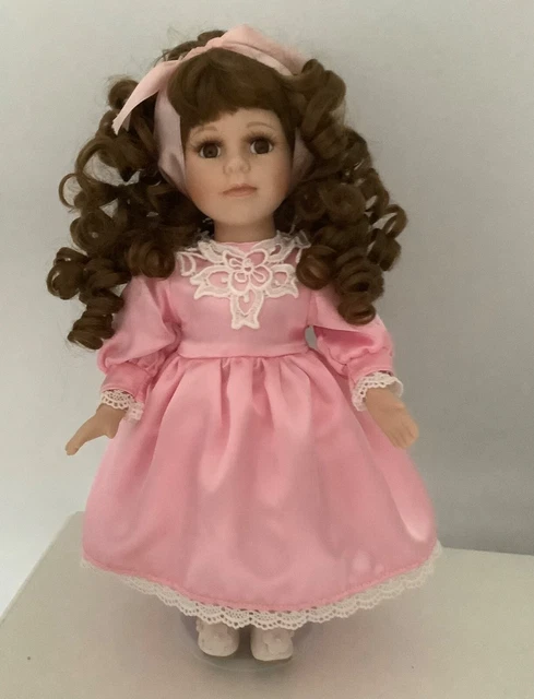 🌸COLLECTORS CHOICE Genuine  Porcelain 12" Doll Pink Dress Curly Brown Hair/Eyes