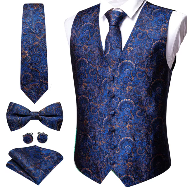 Floral Blue Mens Waistcoats Tie with Selftied Bowtie Set Wedding Formal Vest Top