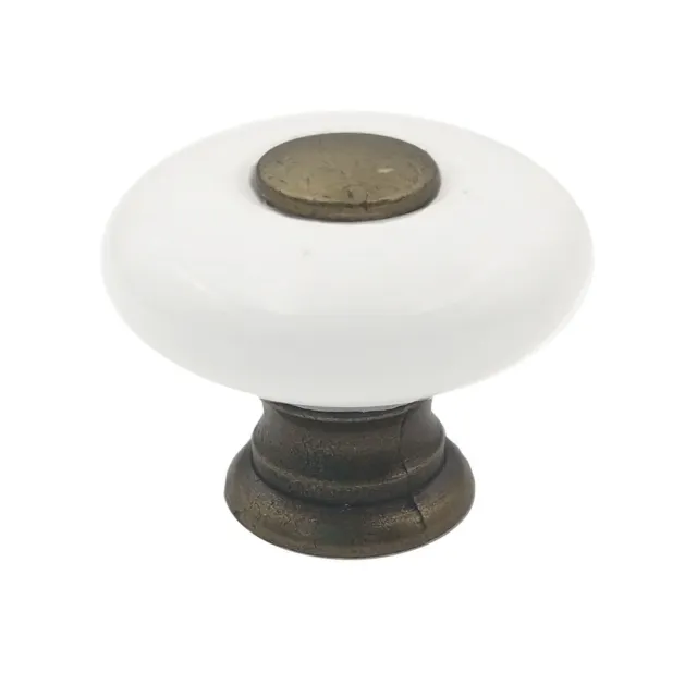 Bouton en porcelaine 1" blanc Amerock BP856-30 avec base en laiton antique et tige bouton