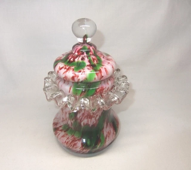Antique Bohemian Czech Franz Welz Spatter Glass Lidded Jar Pot W/ Rigaree c1890