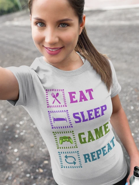T-shirt donna Eat Sleep Game Repeat | serigrafia - top divertente per giochi per giocatori