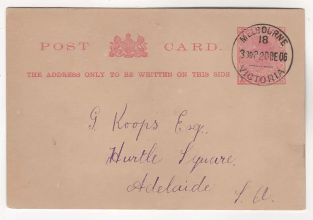 1906 Dec 20th. Postal Card. Melbourne to Adelaide. H&G 29.