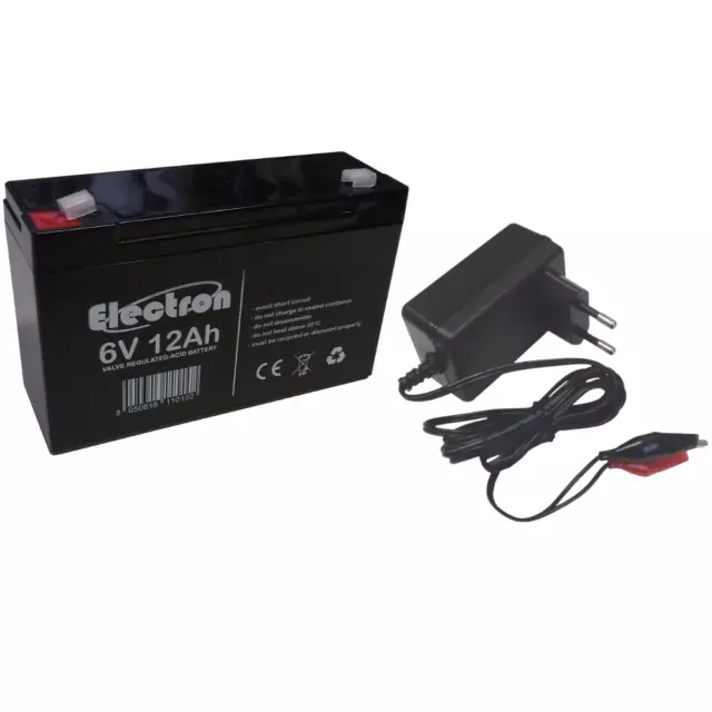 CARICA BATTERIA E BATTERIA AL PIOMBO 6V 12Ah PER MOTO AUTO PEREGO GIOCATTOLI