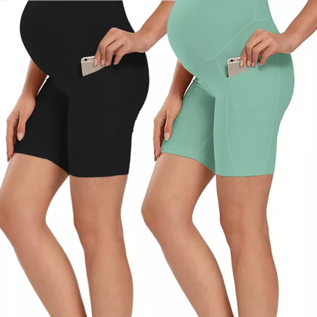 Women Pregnant Yoga Shorts Maternity High Waist Side Pocket Short Pants Leggings