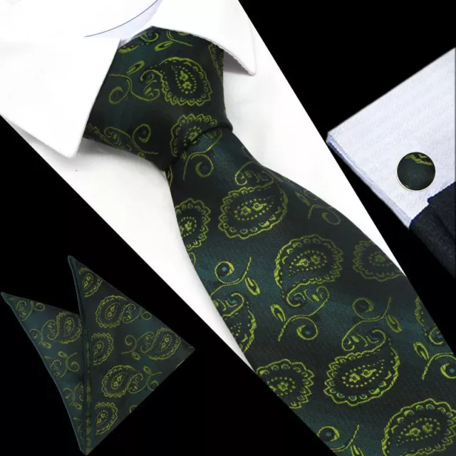 GIFTS FOR MEN Green Paisley Mens Silk Tie Handkerchief Hanky Cufflinks GIFT SET