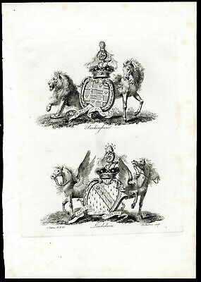 1790 COAT ARMS, CRESTS, Catton Antique Heraldry Mythological Pegasus, Landsdown
