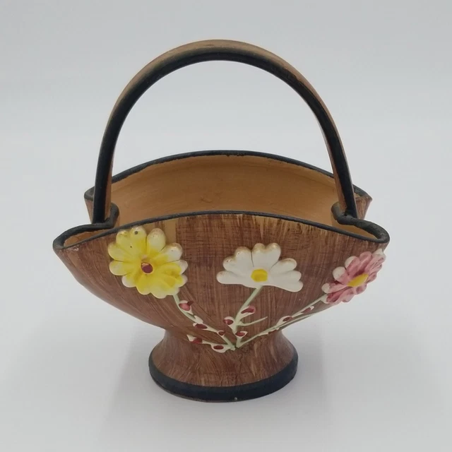 Vintage Made In Italy Majolica Pottery Basket Vase Brown Yellow Floral