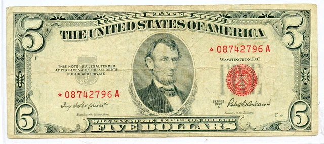 1953A Us $5.00 Red Seal Star Note Vf, Americana
