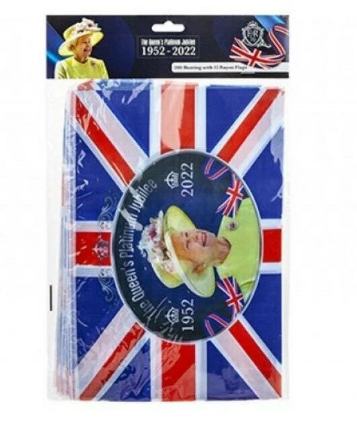 Party Wimpelkette „Queen Platinum Jubilee“ – Union Jack Design, 15 Flaggen, Silberner Text