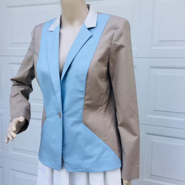 Lafayette 148 New York SZ 4 XS Beige Blue Jacket Blazer Coat Blue Stretch Cotton