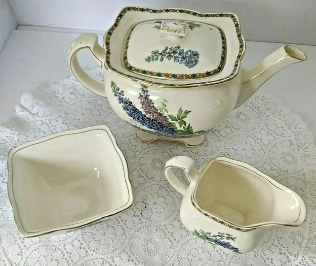 Royal Winton Grimwades England Teapot Sugar Creamer set floral purple