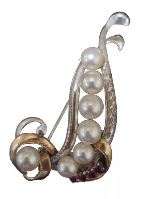 VINTAGE 18k GOLD Pearls Rubies BROOCH