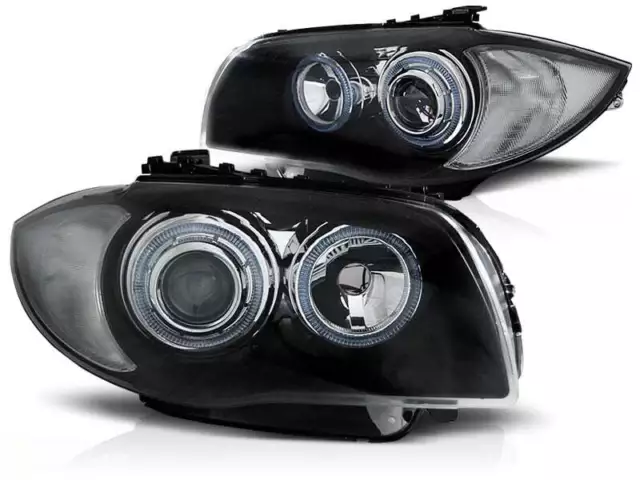 Coppia Fari Anteriori per BMW Serie 1 MK1 E87 E81 2004-2011 Angel Eyes Neri DEPO