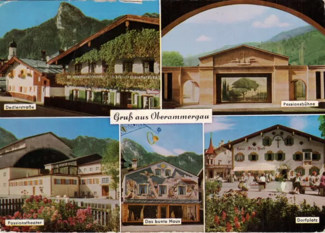 Postcard Oberammergau, Bavaria, Germany multiview. Dedlerstrasse, Dorfplatz.