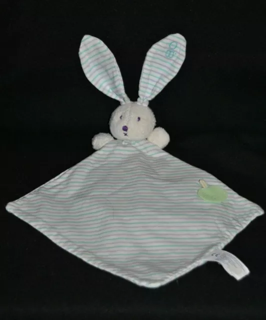 Doudou Plat Lapin OBAIBI OKAIDI Blanc Rayé Bleu Mauve Pomme Verte Etat NEUF