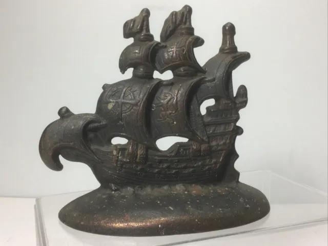 Vintage 1920 Brass Plated Ship Door Stop Cast Iron Galleon Connecticut Foundry