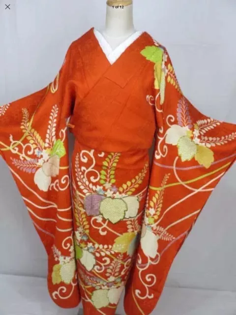Japanese Hand Sewn SILK"FURISODE" KIMONO with Long sleeves From Kyoto Japan
