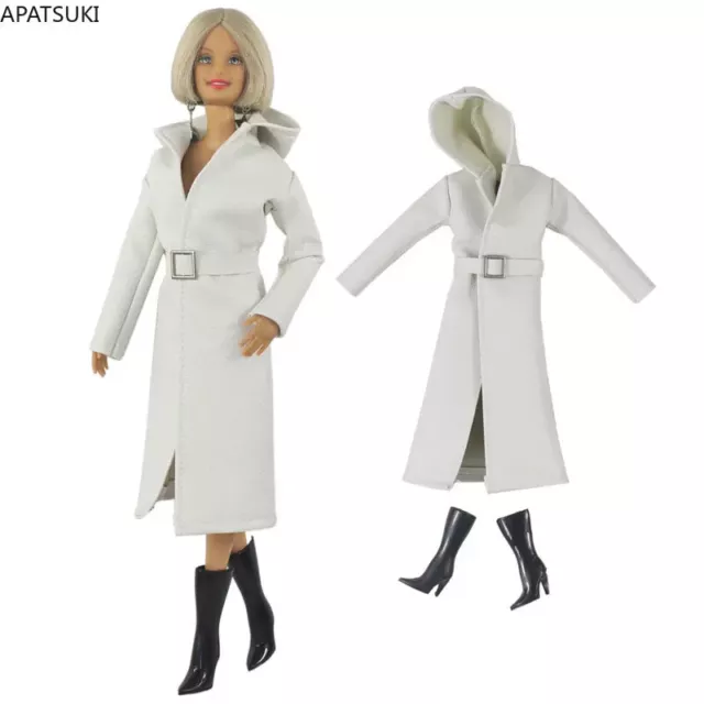 Weiße Lederkleidung für Barbiepuppen Mantel Gürtel Stiefel Outfits 1/6 Zubehör