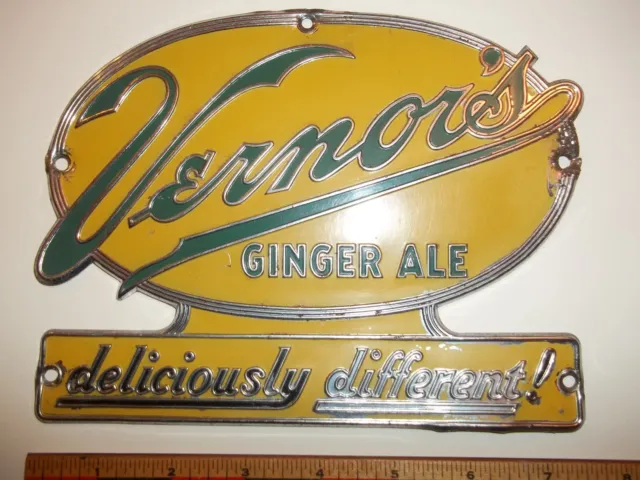 VERNOR'S Ginger Ale DIE CUT SIGN 1950's Metal Diner Soda Dispenser Vernor Cooler