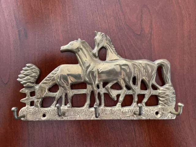 Vintage Brass Decorative Key Holder  Three Horses In A Field or Pasture