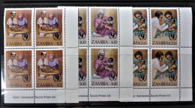 "Zambia 1988 Unicef ""Cuidado De Los Niños"" Como Nuevo En Muy Buen Estado Nh** X3 Bloques De Esquina Envío