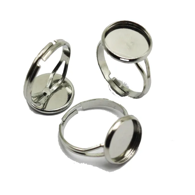20 anillos ajustables en tono plateado almohadilla cabujón bisel taza de ajuste 12 mm