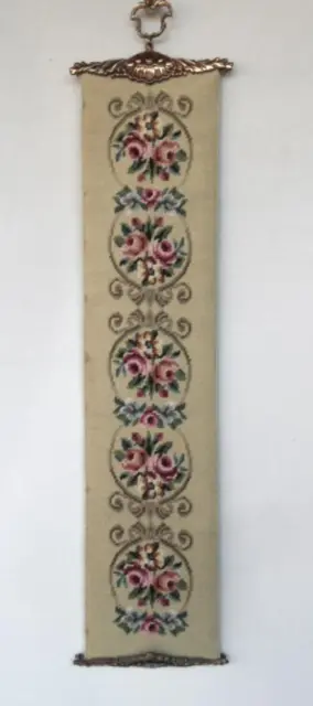 Vintage wool needlepoint Needlecraft Tapestry Wall Hanging Brass Decor ends