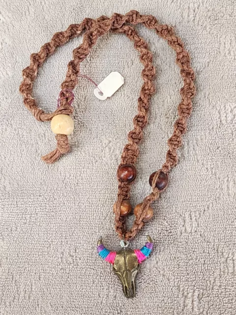 Hemp Braided Necklace With Beads And Cow Skull Hippie Rustic Cowboy Cowgirl Boho
