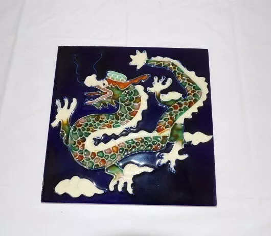 Vintage Blue Ceramic Tile with Hand-painted Dragon 6" x 6"