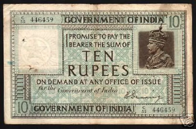 India 10 Rupees P-5 B 1917 King George V Denning V Rare Indian Currency Banknote