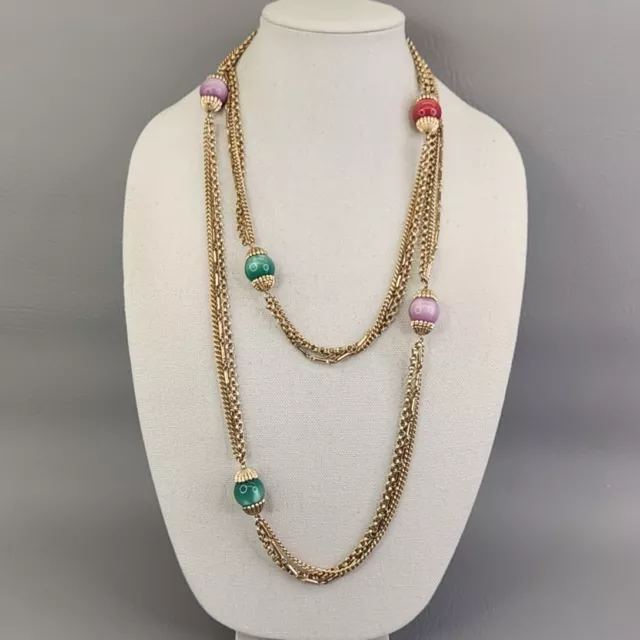 Flapper Necklace Vtg  Multicolor Moonglow Double Rolo Gold Tone Chain Long 60"