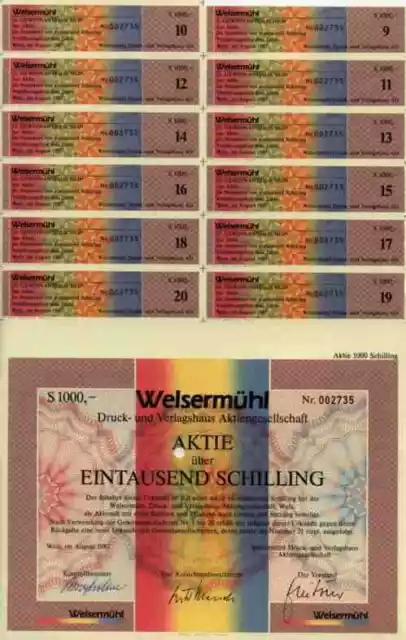 Welsermühl  Druck Verlagshaus Wels Linz Österreich 1987 Stammaktie 1000 ÖS adpl